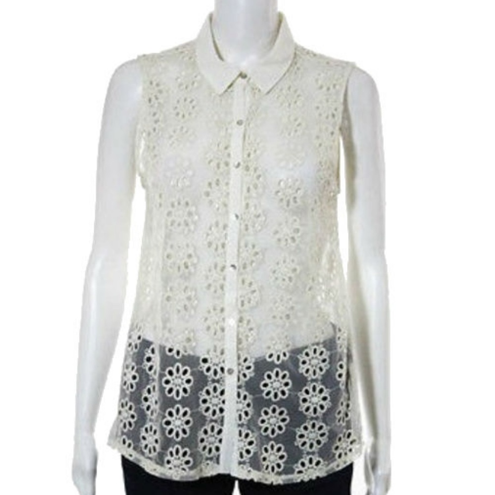 Zara Collection White Sheer Floral Eyelet Top S